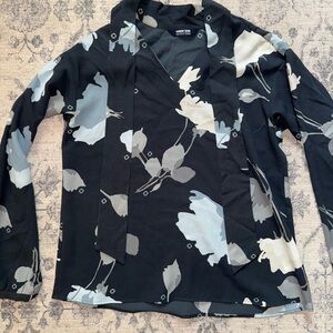 Chase Apparel - Navy Blue and Gray Floral Blouse W/Necktie